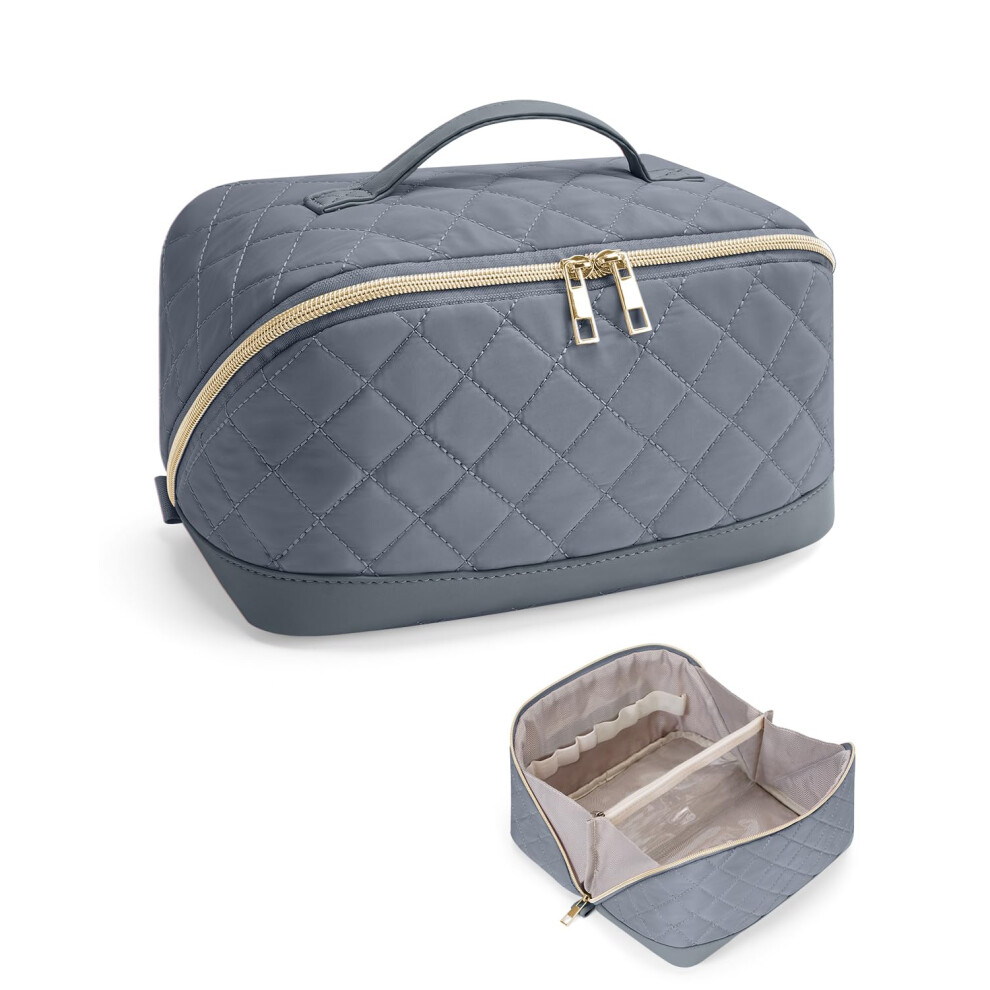 Wandering Nature Travel Makeup Bag Large Capacity Cosmetic Bag For Women Portable Make Up Bag With Clear Divider And Brush Compartment