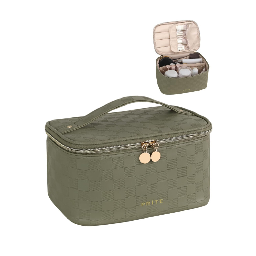 Prite Large Makeup Bag For Women Travel Cosmetic Case Waterproof Pu Leather Toiletry Bag Portable Make Up Organiser With Handle And Removable Divider