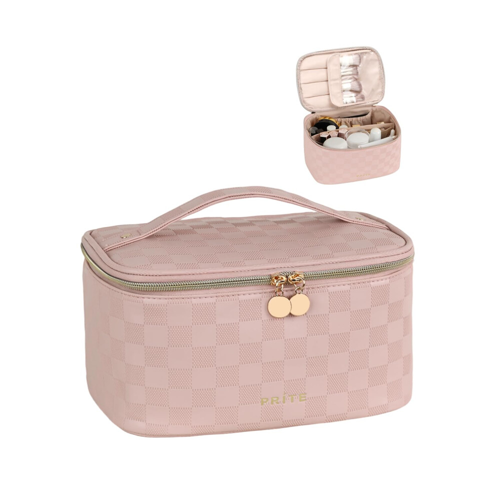 Prite Large Makeup Bag For Women Travel Cosmetic Case Waterproof Pu Leather Toiletry Bag Portable Make Up Organiser With Handle And Removable Divider