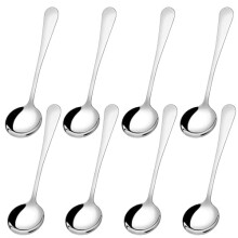 8 Pack Stainless Steel Soup Spoons Set, 7Inch Long Handle Silver Round Bowl Dinner Spoons RustResistant