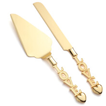 Gold Wedding Cake Knife and Server Set with Romantic LOVE Handle, Stainless Steel, G01