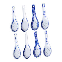 8pcs Ceramic Asian Soup Spoons Set with Blue Floral Design, Heat Resistant Porcelain for Ramen and Wonton