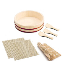 Sushi Making Kit with Wooden Hangiri Bowl, 3 Bamboo Rolling Mats and Rice Paddles for Home