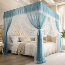 Bed Canopy with Steel Frame Double Layer Mosquito Net Ruffled Curtains for Queen Bed Blue 150x200cm