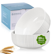 Large White Ceramic Serving Bowls Set 8 Inch Salad Bowls, 60oz, Microwave and Dishwasher Safe