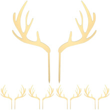 5Pcs Golden Acrylic Christmas Cake Toppers with Antler Reindeer Design for Holiday and Birthday Parties