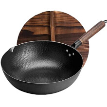 12.5 Inch Carbon Steel Flat Bottom Wok with Wooden Lid for Induction Gas and Electric Stove