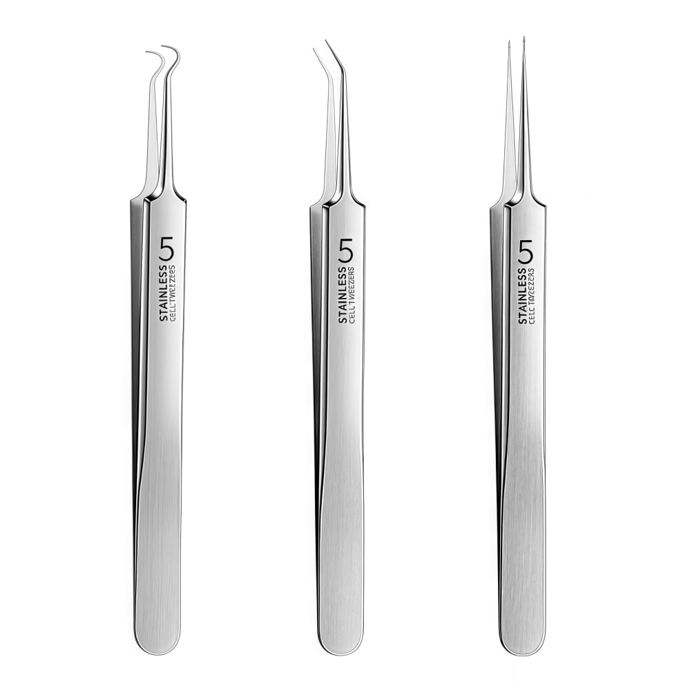 Silver 3Pcs Blackhead Remover Tweezers Set With Precision Extraction Tips, Pimple Popper Tool Kit