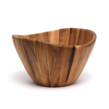 Large Acacia Wood Serving Bowl 12 x 7 with Elegant Wave Design for Salad Fruits and Snacks