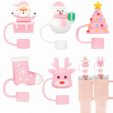 5Pcs Christmas Straw Cover for Stanley Cup 40oz 30oz Reusable Silicone Santa Topper Dustproof Cap