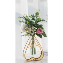 Gold Metal Vase with Clear Glass Tube, Heart Love Script Frame, 19.5cm Decorative Flower Stand
