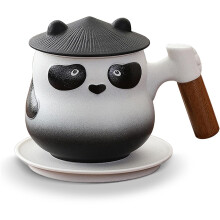 Panda Ceramic Tea Cup with Infuser Lid and Saucer, Cute 11oz Coffee Mug with Wooden Handle