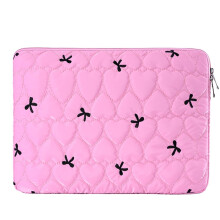Kawaii Laptop Sleeve 15 Inch with Cute Bow, Quilted Puffy Shockproof Case for Women Y2K Aesthetic