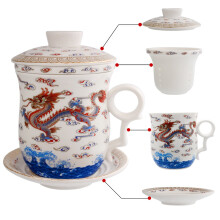 Porcelain Tea Cup with Infuser Lid and Saucer, Jingdezhen Ceramic Mug for Loose Leaf Brewing
