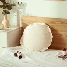 Round Chenille Throw Pillow with Frilly Design, Soft Decorative Cushion for Sofa and Bed, White 17.7 inch