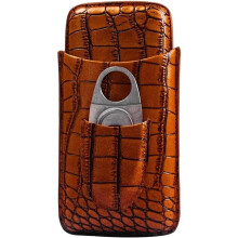 Leather Cigar Case with Builtin Cutter, Luxury Crocodile Pattern Travel Holder