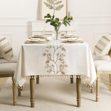 Boho Farmhouse Tablecloth with Tassels, Cotton Linen Embroidered Heavyweight WrinkleResistant Cover for Dining Room 55x79 Inch Golden Maple Vine