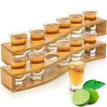 12 Piece Shot Glass Set with Stylish Bent Holder, 1oz Heavy Base Whiskey Tequila Glasses