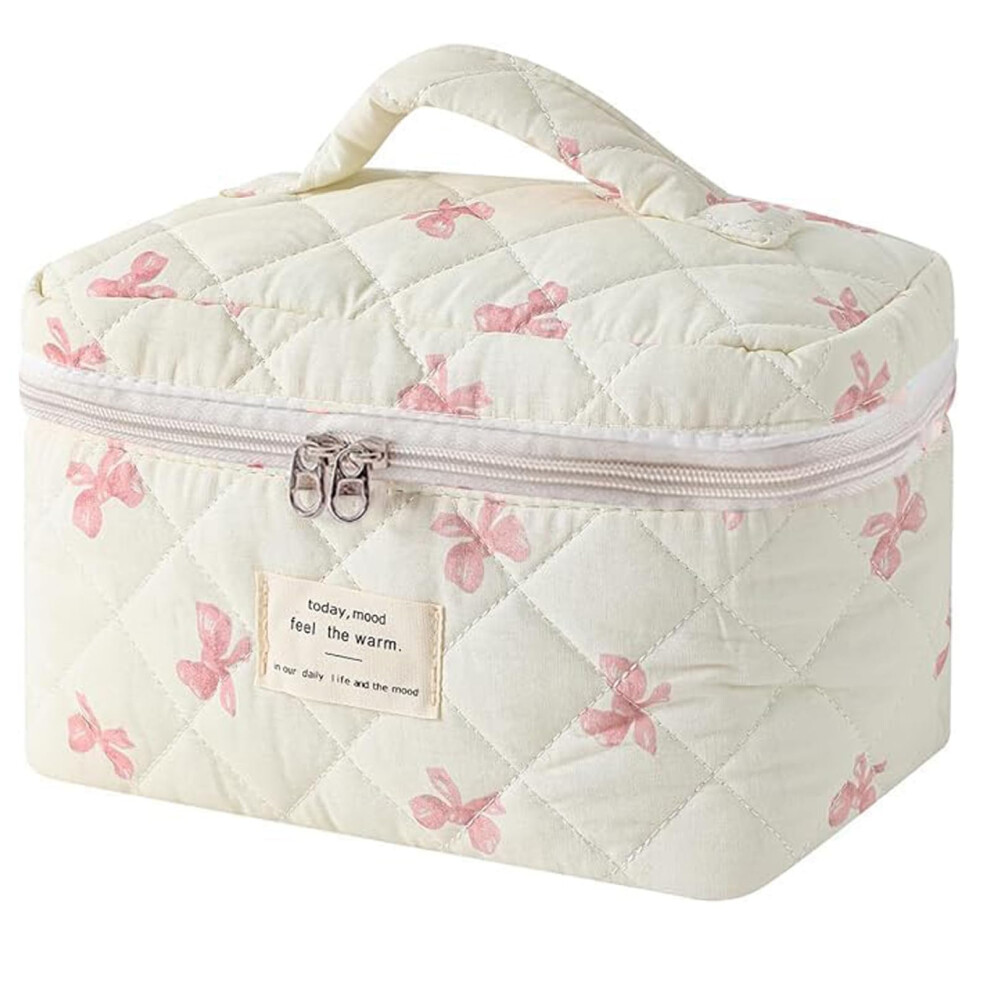 Large Quilted Makeup Bag with Spacious Storage, Floral Travel Cosmetic Organizer for Women Girls