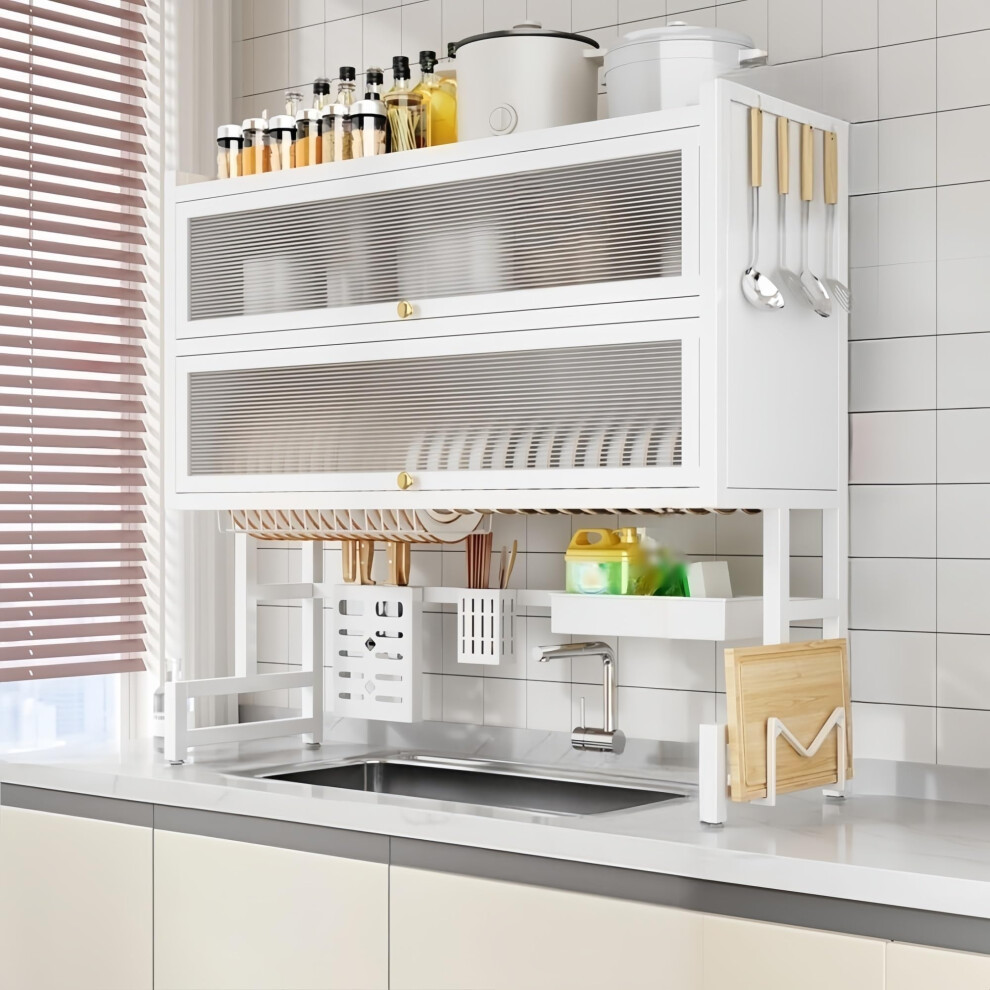 Large Over The Sink Dish Drying Rack With Flipcover Lid, Spacesaving 3Tier Carbon Steel Shelf, 37.4'X11'x35.4' White