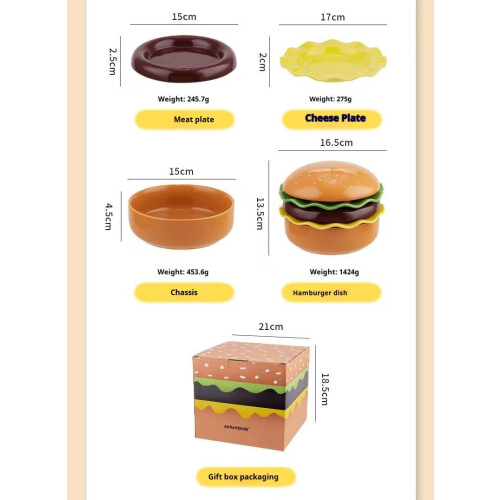 Ceramic Dinnerware Set with Creative Hamburger Design, Microwave Safe Stackable Plates and Bowls 1