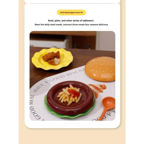 Ceramic Dinnerware Set with Creative Hamburger Design, Microwave Safe Stackable Plates and Bowls 2
