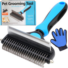 2in1 Dog Grooming Brush and Deshedding Tool with Undercoat Rake, Flea Comb, Gentle Massage for Long and Short Hair Dogs (L)