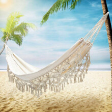 Handmade Organic Cotton Hammock with Durable Macrame Fringe for Indoor Outdoor Patio and Camping