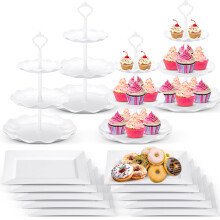 14 Pcs 3 Tier Cupcake Stand Set with Gold Rim Trays, Elegant Large Capacity Dessert Display for Party Wedding Baby Shower (White)