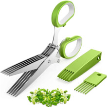 Herb Scissors 5 Blade Stainless Steel Kitchen Shears with Cover for Fast Even Chopping
