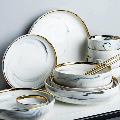 Ceramic Dinnerware Set for 8 Person with Grey Marble Design, Durable HeatResistant Serving Plates