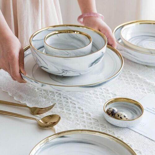 Ceramic Dinnerware Set for 8 Person with Grey Marble Design, Durable HeatResistant Serving Plates 1