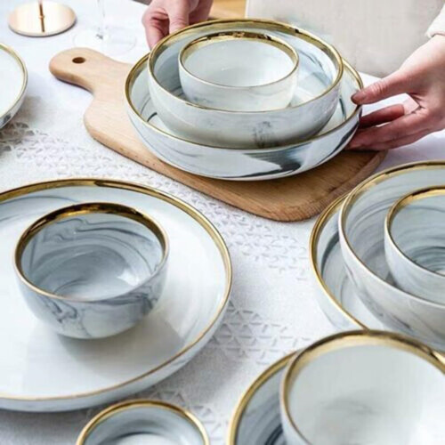 Ceramic Dinnerware Set for 8 Person with Grey Marble Design, Durable HeatResistant Serving Plates 2