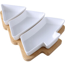 Christmas Tree Ceramic Serving Platter with 3Compartment Design and Bamboo Tray, White S