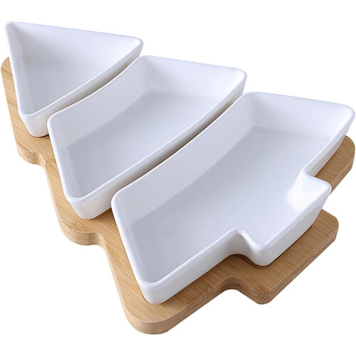 Christmas Tree Ceramic Serving Platter with 3Compartment Design and Bamboo Tray, White S