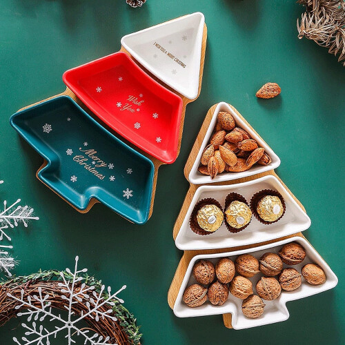 Christmas Tree Ceramic Serving Platter with 3Compartment Design and Bamboo Tray, White S 1