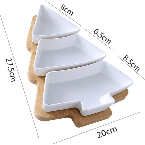 Christmas Tree Ceramic Serving Platter with 3Compartment Design and Bamboo Tray, White S 2