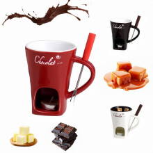 Chocolate Fondue Mug Set with Forks, Ceramic Fondue Cup for Date Night, Wedding, Birthday Gift (Red)