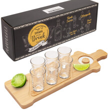 Tequila Shot Glass Set with Wooden Serving Tray, Salt Rimmer and Lemon Bowls, 6 Glasses