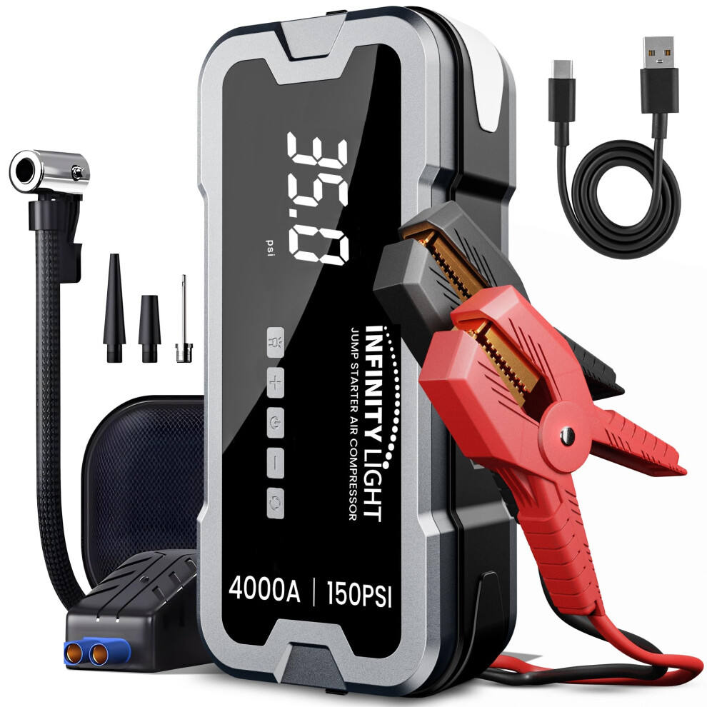 4000A Jump Starter With Air Compressor 150Psi Tire Inflator Power Bank For 10L Gas 8L Diesel 9455672694933