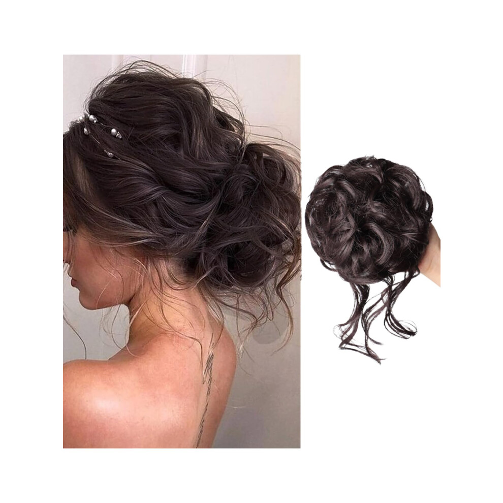 Messy Bun Hair Piece Black Brown Curly Wavy Hair Bun Extension with Secure Claw Clip for Women