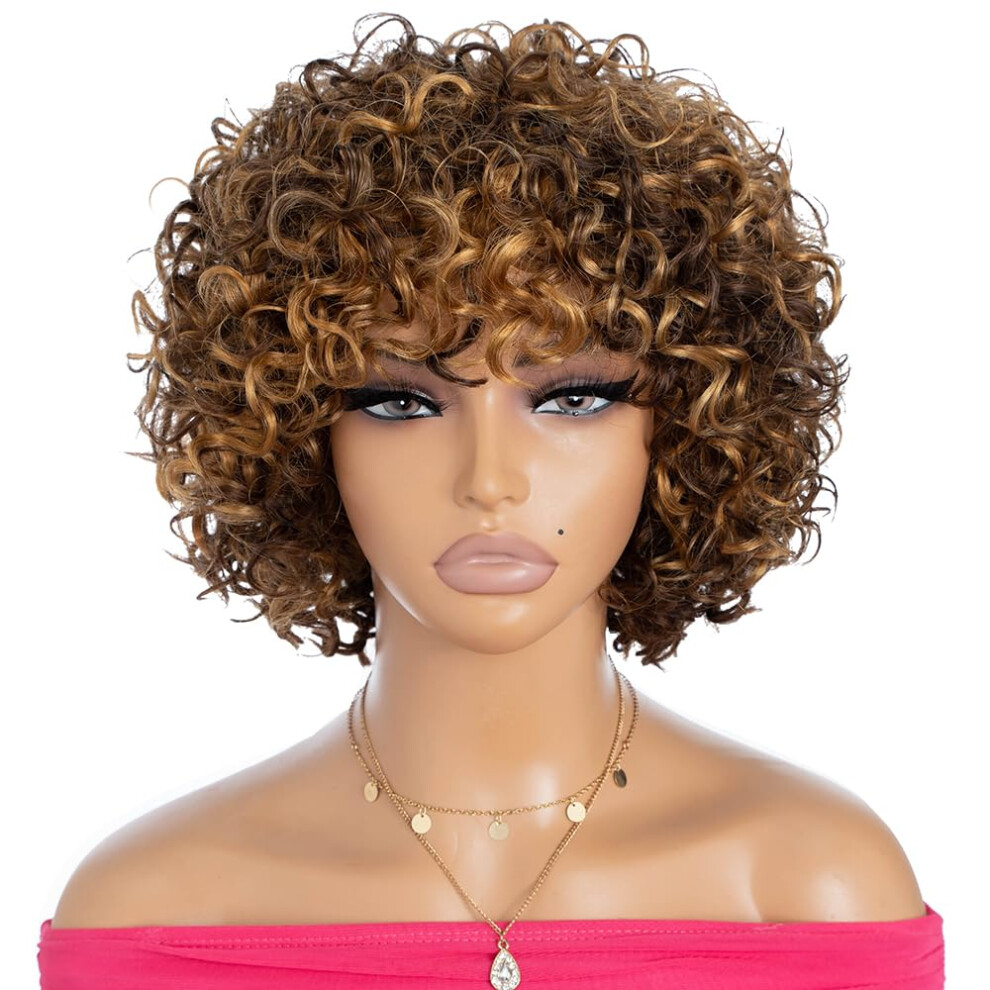 14 Inch Highlight Brown Human Hair Curly Wig with Bangs for Black Women, Glueless Easy Wear