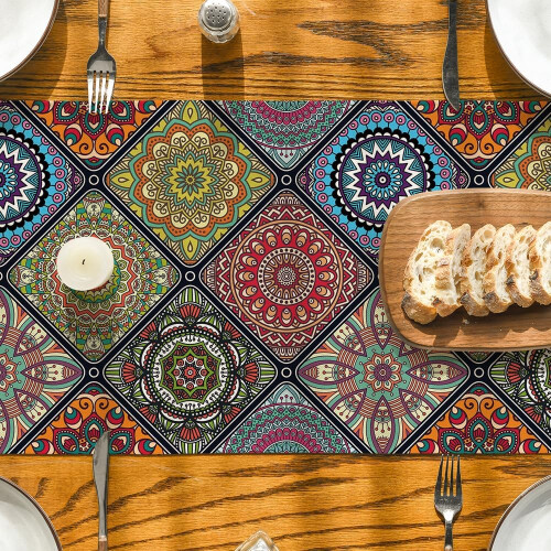 Boho Table Runner 13x72 with Vibrant Pattern, Rustic Farmhouse Dining Decor, Heat Resistant Fabric 2