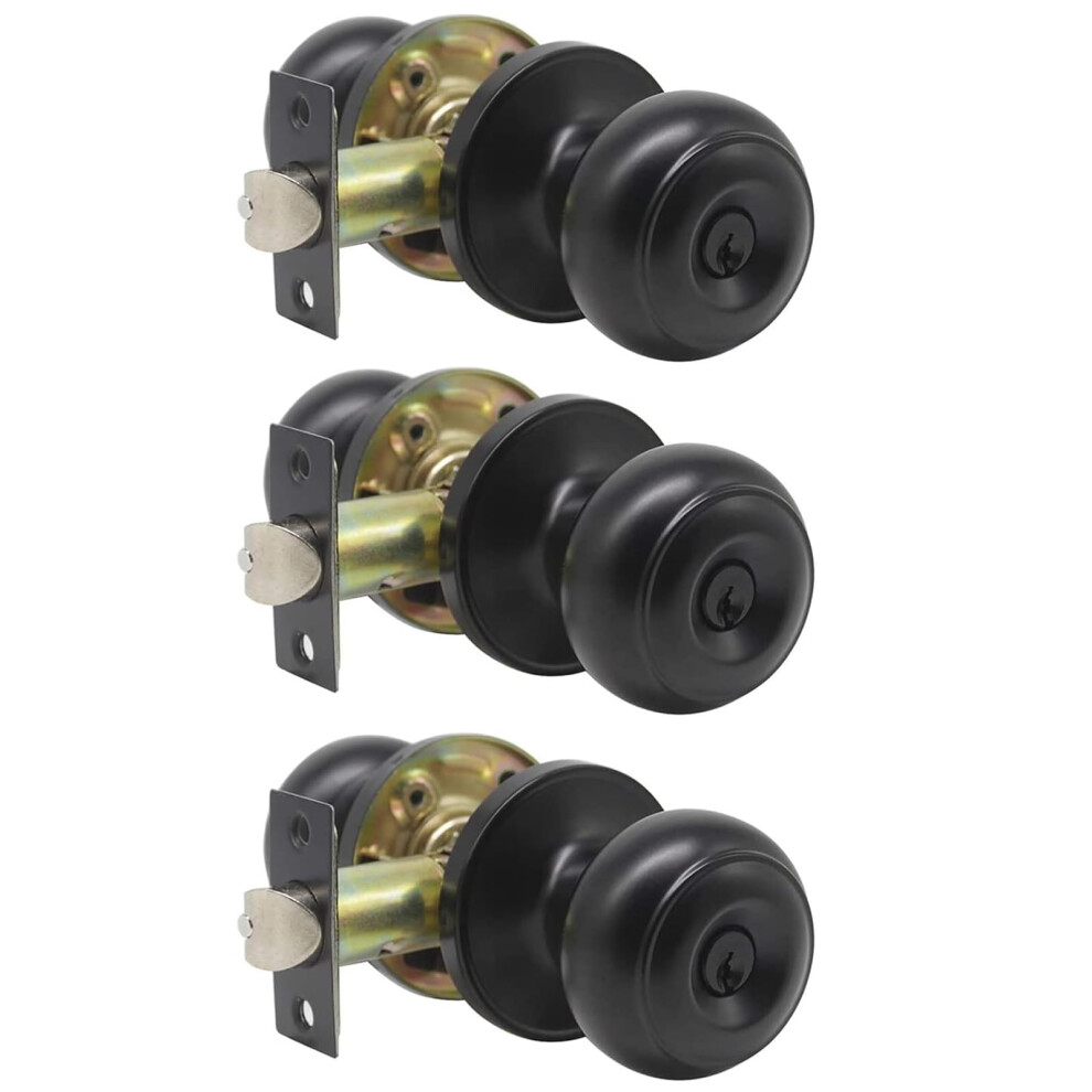 Keyed Entry Door Knob Set Black With Lock And Individual Keys, Antifingerprint Finish, 3 Pack 9053599035886