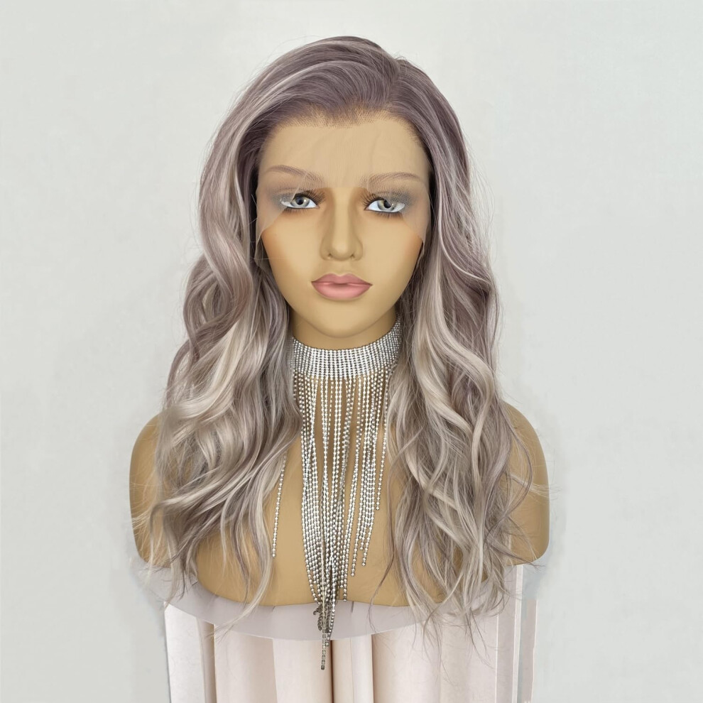 Unisex Ash Blonde Lace Front Wig 16 Inch Short Wavy Ombre Synthetic With Natural Hairline For Women