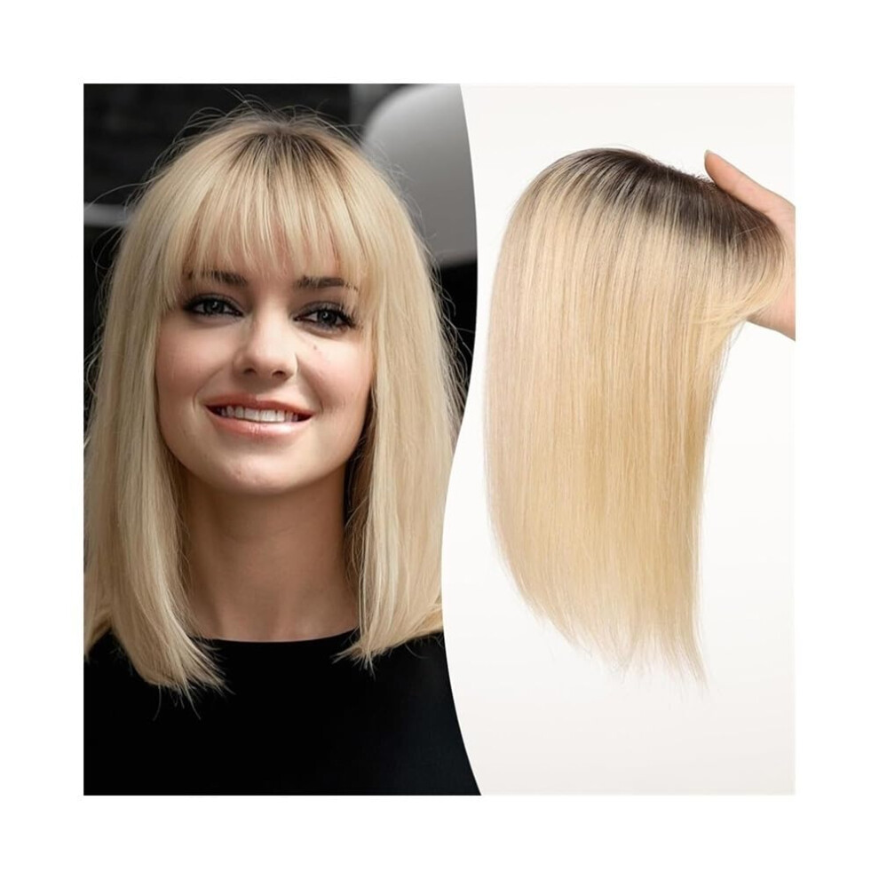 Unisex Light 12 Inch Human Hair Topper With Bangs For Women, Ombre Blonde Lace Base Clip In Hairpiece