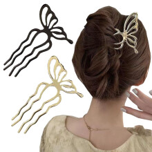 2 Pack Metal Butterfly Hair Fork Clips with Crystals and Pearls, 4 Prong U Shaped Pins for Buns