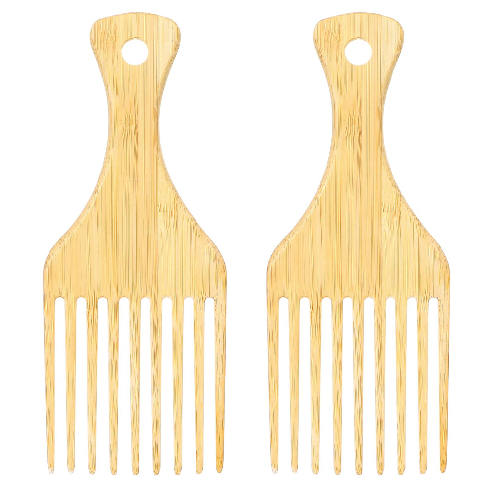 Unisex Bamboo Afro Hair Pick Comb Set 2 Pack, Antistatic Wide Tooth Detangling For Curly Hair