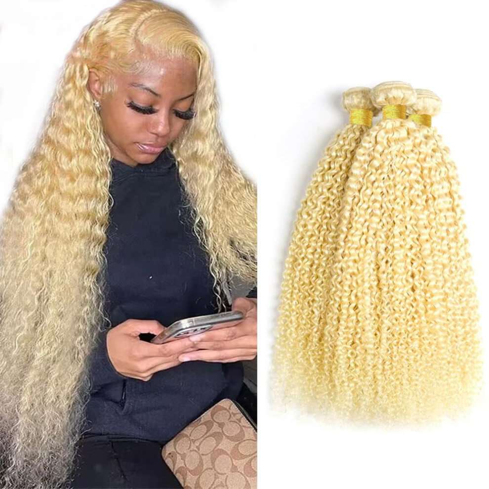 Unisex 613 Blonde Human Hair Bundles Kinky Curly 26 28 30 Inch Brazilian Virgin Double Weft Extensions