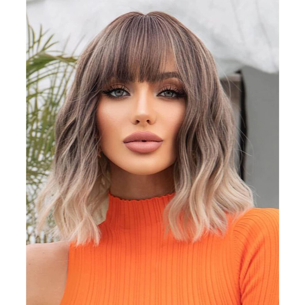 Unisex Ash Blonde Human Hair Bob Wig With Bangs, Short Wavy Heat Resistant Tangle Style For Women